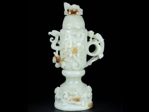 【瓏】和田玉 子料彫 魑龍瓶 時代物 極細工 手彫り 置物 賞物 中国古美術 蔵出
