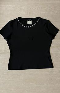 1000円~！希少！正規品 97C シャネル CHANEL ココマーク刺繍 マイヨ素材 半袖Tシャツ トップス ヴィンテージ 黒色