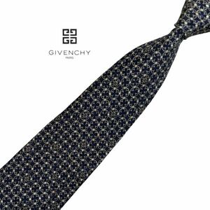 ★美品★GIVENCHY 高級ネクタイ パターン柄 ロゴ柄 ネイビー系 ジバンシイ メンズ服飾小物 ネコポス可 中古 t923