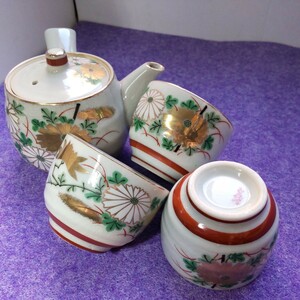 【雑貨】 食器 金彩 色絵花柄 急須 湯呑み 3客セット 茶道具 茶器 来客用 高級感