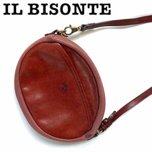 【送料無料】IL BISONTE イルビゾンテ ショルダーバッグ ポシェット　赤茶　レザー　斜め掛け　本革　ロゴ刻印　丸型　ブラウン