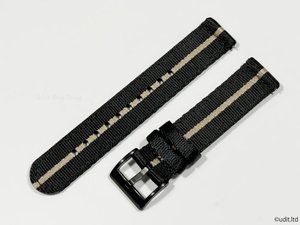 ラグ幅:20mm 高品質 艶あり 分割 NATO ストラップ 腕時計ベルト ブラック ベージュ ストライプ ブラック尾錠 ファブリック 二重編み DBI