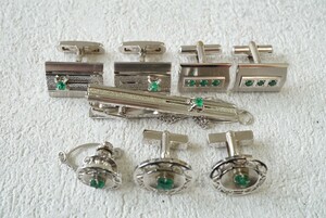 B437 エメラルド ヴィンテージ タイピン カフス タイタック 5点セット アクセサリー 大量 まとめて おまとめ まとめ売り メンズ スーツ