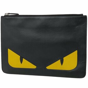 フェンディ FENDI バッグバグズ クラッチバッグ バグズアイ モンスター ロゴ セカンドバッグ レザー ブラック イエロー 7N0078 メンズ 中古