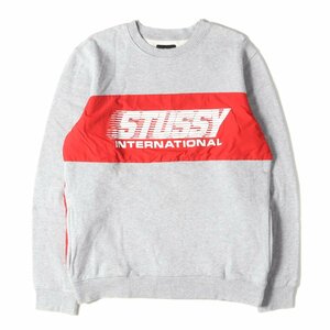 STUSSY ステューシー スウェット サイズ:M ナイロン切替し クルーネック スウェットシャツ ヘザーグレー レッド トップス トレーナー