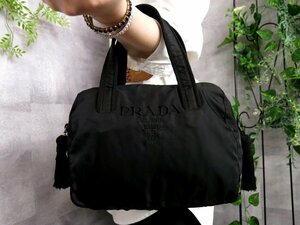 ●超美品●PRADA プラダ●ロゴ刺繍●タッセル●ポコノ ナイロン●ハンド バッグ●黒●ゴールド金具●イタリア製●腕掛け●かばん●Js45846