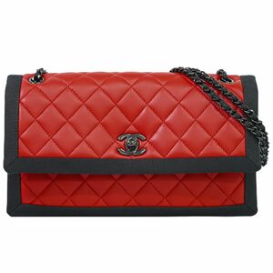 本物 シャネル CHANEL ココマーク マトラッセ チェーン ショルダーバッグ ラムスキン レザー レッド ブラック