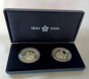 メイフラワー号　出航400周年記念　1オンス銀貨＆1オンス銀メダルセット　英国・アメリカ　2020年　限定5000　COA・元箱・ケース付