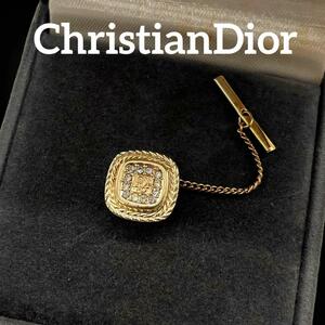 【美品】 Christian dior クリスチャンディオール タイタック ネクタイピン タイバッジ ワンポイント ラインストーン ゴールド 570