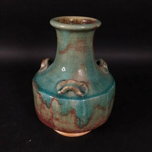 ER1023-36-3 三耳 上野焼 花瓶 花入 花生 壺 陶器 骨董品 インテリア 在銘 高28口径8.5cm 100サイズ
