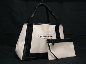 1円 BALENCIAGA バレンシアガ 339933 ネイビーカバス キャンバス×レザー ポーチ付き トートバッグ アイボリー系×ブラック系 AZ0657