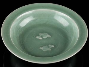 【流】中国美術 青磁双魚文皿 幅20.5cm DH981