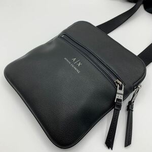 未使用級●アルマーニエクスチェンジ ショルダーバッグ ARMANI サコッシュ クロスボディ メンズ 斜め掛け 本革 オールレザー ブラック 黒