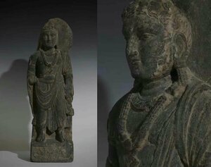 ◆旧家買出品◆A819クシャーン朝時代 仏教古美術・ 時代古仏 ガンダーラ石仏立像 灰色片岩石彫 ガンダーラ