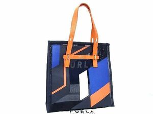 ■極美品■ FURLA フルラ メッシュ×レザー トートバッグ ショルダー レディース ネイビー系×オレンジ系 AU7395