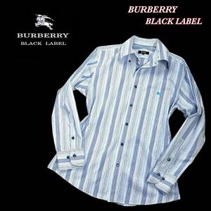 ★美品★BURBERRY BLACK LABEL バーバリーブラックレーベル 長袖シャツ サイズ3(メンズL相当) ストライプ ホースロゴ刺繍 刻印ボタン