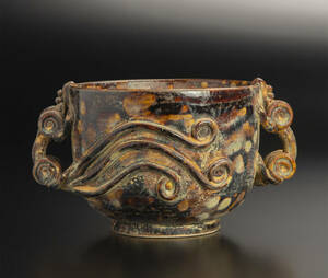 宋 吉州窯玳瑁釉双螭耳香炉 中国 古美術