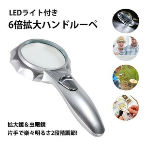 ハンドルーペ 6倍 LEDライト付き 拡大鏡 虫眼鏡 老眼鏡 くっきり ハッキリ 明るさ調整 緊急時 照明 老若男女 父の日 プレゼント