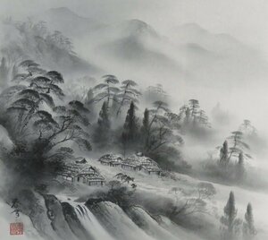 ◆◇掛軸 金子春雪 水墨山水 尺八横 現代作家新作掛軸 hanging scroll◇◆年中掛け 普段掛け 無事祈願 水墨画 JY2000