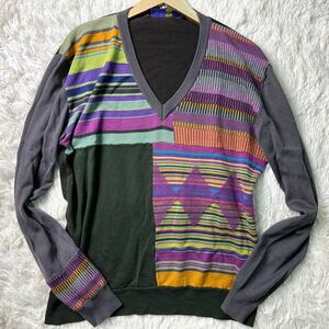 2XL●美品ETRO エトロ ニット セーター 総柄 幾何学模様 デザイン パネル ウール トップス Ｖネック メンズ 春夏 薄手 イタリア製 長袖