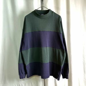 90s OLD GAP モックネック ファット ボーダー スウェット シャツ M グリーン×ネイビー オールド ギャップ 80s 00s ビンテージ