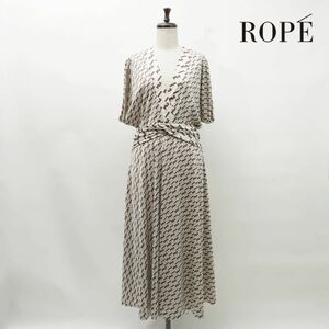 美品 ROPE ロペ 総柄カシュクール風V開きフレアワンピース 変形スリーブ 半袖 ロング丈 裏地無し レディース 白 茶色 サイズ38*MC673