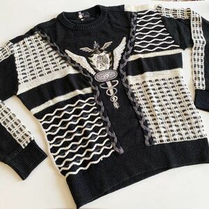 MAJESTIC マジェスティック 長袖 セーター ウール混 サイズL 48 メンズ 刺繍 ブラック／ホワイト クリーニング済 ニットセーター