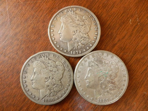 貨幣 硬貨 海外古銭 30 / 銀貨 アメリカ合衆国 1ドル モルガン モーガン・ダラー 1879年 1880年 1881年 各重量26.5g まとめて3枚set
