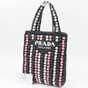 41249★1円スタート★PRADA プラダ 未使用品 22年製 ウッドビーズ ラフィア ロゴ 1BG425 ハンドバッグ ラフィア ブラック