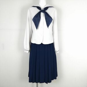 1円 セーラー服 スカート スカーフ 上下3点セット L トンボ 中間服 柄1本線 女子 学生服 鹿児島時任学園樟南高校 白 中古 ランクC NA1117