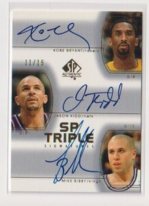 2002-03 Upper Deck SP Authentic Kobe Bryant / Jason Kidd / Mike Bibby SP Triple Autograph card #11/15