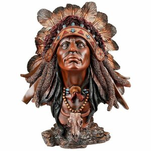 インディアン チーフ 胸像　インテリア置物彫刻美術オブジェ雑貨ネイティブアメリカンワシ羽頭飾り編みアメリカ先住民装飾ホームデコ彫刻