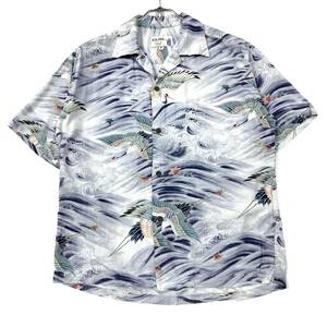 良品 ハワイ製 Vintage 和柄 ハワイアンシャツ IOLANI/イオラニ メンズM 鶴 波柄 袋襟