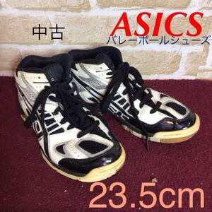 【売り切り!送料無料!】A-342 ASICS!バレーボールシューズ!23.5cm!白!黒!ハイカット!スポーツバレー!趣味!部活!中古!