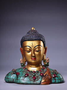 ▽鴻▽ 銅製 彩繪 描金 寶石嵌 釋迦牟尼半身像 箱付 置物 古賞物 中国古玩 中国古美術