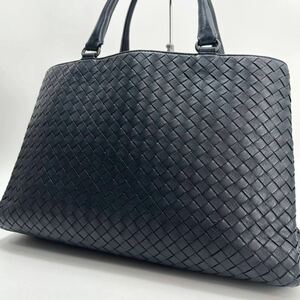 【美品】BOTTEGA VENETA●ボッテガヴェネタ イントレチャート トートバッグ ハンドバッグ レザー 本革 大容量 ネイビー メンズ レディース