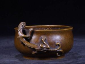 「清代 帝錦 古銅彫 龍耳老銅香炉」旧銅器 置物擺件 賞物 中国古美術 旧蔵出