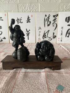 送料無料　七福神 縁起物 置物 大黒天　花台付　セット古美術 当時物