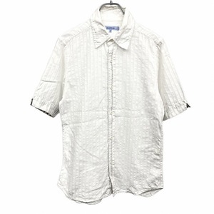 ABAHOUSE シャツ 半袖 ストライプ 前立てと袖口に裏地付き ポケット無し 2 オフホワイト 白系×ベージュ×紺×緑 レディース(メンズ？)
