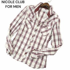 NICOLE CLUB FOR MEN ニコルクラブ フォーメン 通年 襟袖ワイヤー★ 長袖 ウエスタン チェック シャツ Sz.50　メンズ　A4T01509_2#C