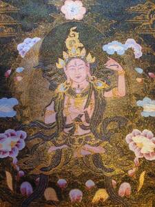 卍織物 　『チベット 密教 菩薩 像』 90ｃｍ 　　　検索；観音　刺繍　仏画 仏教美術 多羅　D3,2