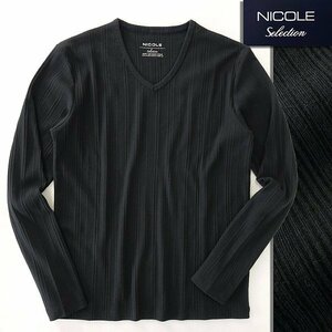 新品 ニコル ランダム テレコ Vネック 長袖 カットソー 46(M) 黒 【I58413】 NICOLE Selection 春夏 Tシャツ ロンT リブ コットン