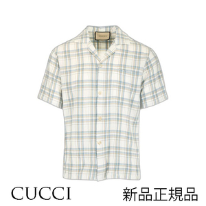 新品未使用 グッチ GUCCI チェック シャツ 半袖 Mサイズ ライトブルー レーヨン 正規品 メンズ ブランド