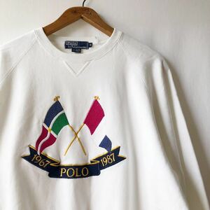 87年 Polo by Ralph Lauren クロスフラッグ ボーダー スウェット M 白 ビンテージ 80s 80年代 ポロ ラルフローレン トレーナー オリジナル