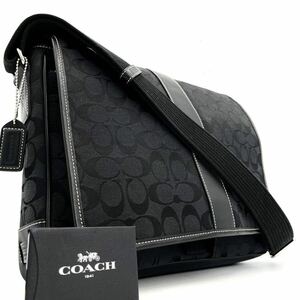 1円《 定価8万円・未使用級 》COACH コーチ ショルダーバッグ メッセンジャーバッグ シグネチャー メンズ ビジネス 黒 斜め掛け A4◎ PC◎