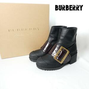 美品 BURBERRY LONDON ENGLAND バーバリーロンドンイングランド サイズ35 黒 チャンキーヒール ショートブーツ バックル ベルト レザー