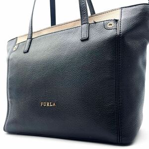 A4収納◎ フルラ FURLA メンズ トートバッグ ビジネス 肩掛け ロゴ金具 バイカラー シボ革 レザー 黒 ブラック ベージュ