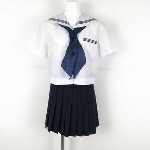 1円 セーラー服 マイクロミニスカート スカーフ 上下3点セット 大きいサイズ 夏物 青3本線 女子 学生服 中学 高校 白 中古 ランクC NA1348