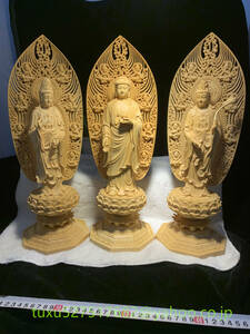 大型高43cm 阿弥陀三尊（観世音菩薩 阿弥陀如来 勢至菩薩） 立像 仏教美術 木彫 仏像 開運 厄除け 総檜材