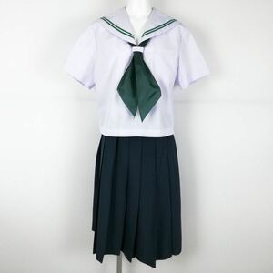 1円 セーラー服 スカート スカーフ 上下3点セット 170A 大きいサイズ 夏物 緑2本線 女子 学生服 中学 高校 白 制服 中古 ランクC NA2741